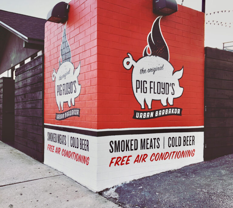 Pig Floyd's Urban Barbakoa BBQ Restaurant Mural Signage Orlando Mills50 A Pivotal Character Artworks A Pivotal Character artworks mural muralist hand painted signage fabrication custom sam flax
