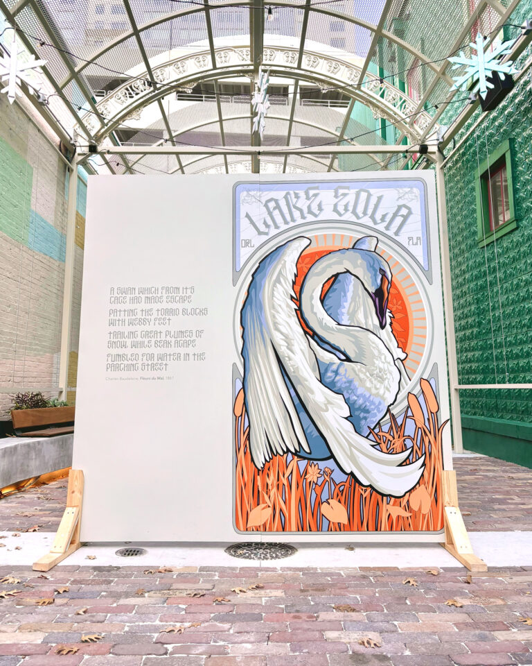 mural SKIP painted Lake Eola Swan Mural as Art Nouveau shown in CityArts Courtyard in Downtown Orlando, Florida A Pivotal Character Artworks