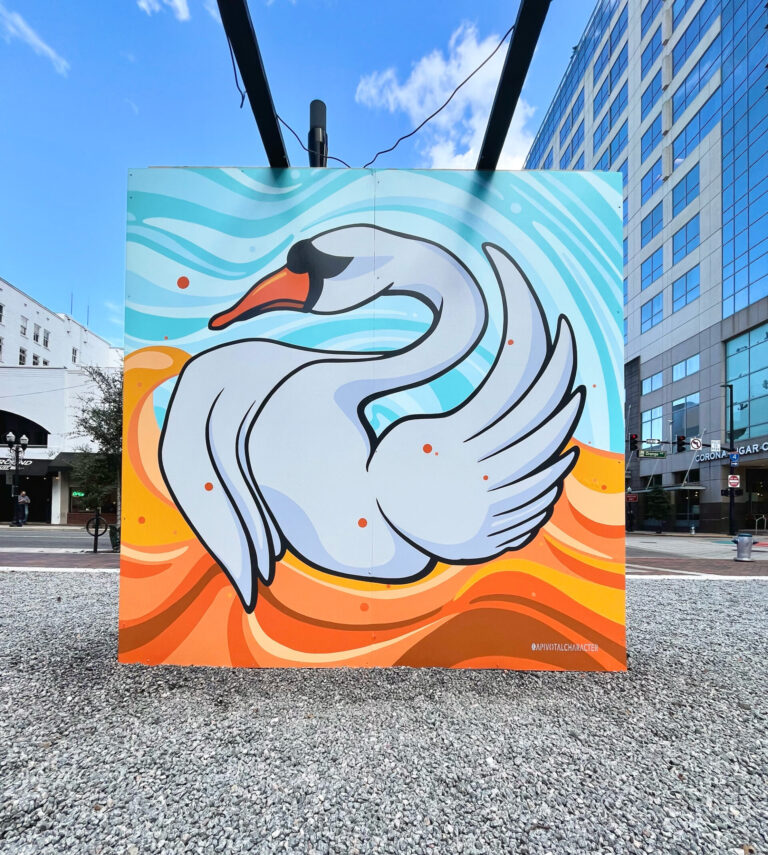 mural SKIP A Pivotal Character Artworks painted Vogue Swan mural for Pride Month queer community for DTO Live Mayor Buddy Dyer and Creative City Project in downtown Orlando, Florida A Pivotal Character Artworks